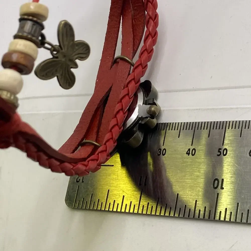 Womens Red Leather Beaded Brass Watch New Battery